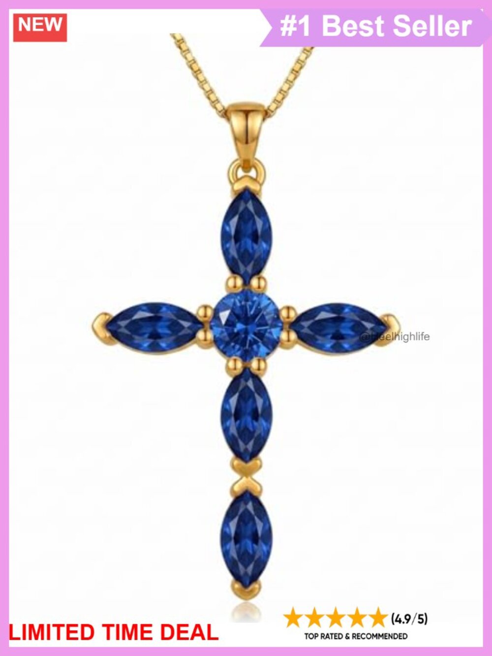 14K White Gold Plated Marquise Cut Birthstone Cross Necklace 20+2" Box Chain